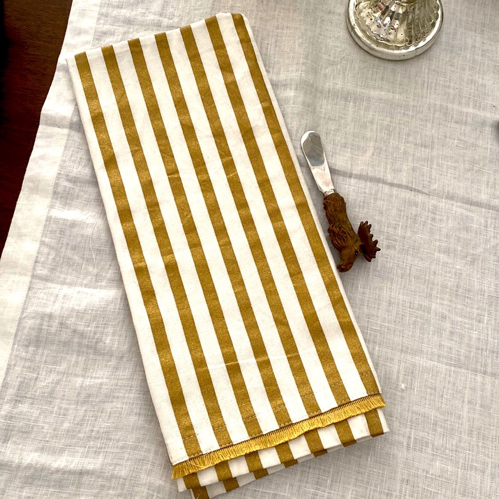 Gold and white stripe elegant fringe tea towel and moose condiment knife, NWOT